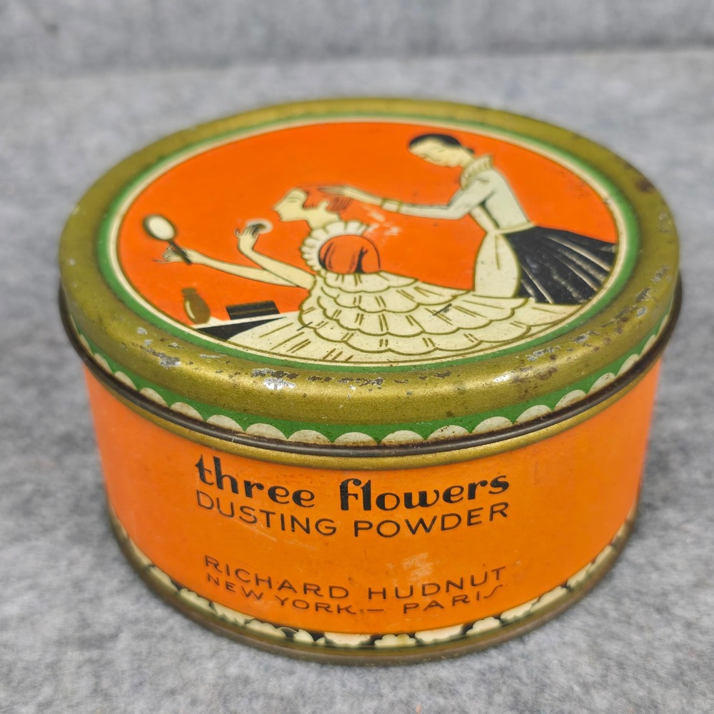Antique 1920s Art Deco Richard Hudnut Three Flowers Dusting Powder Tin Vanity